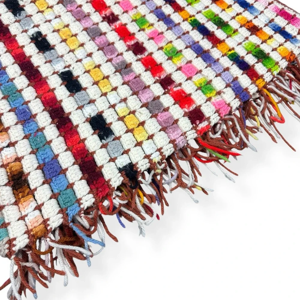 VTG Boho Stripe Rainbow Hand Knit Crochet Blanket Throw Afghan 5'x4' Cottagecore